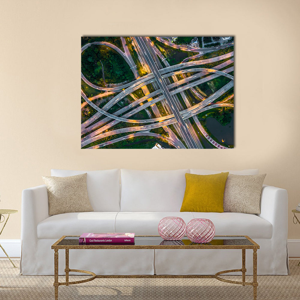 Bangkok Expressway Canvas Wall Art in gray, yellow and green, single panel hung on a wall