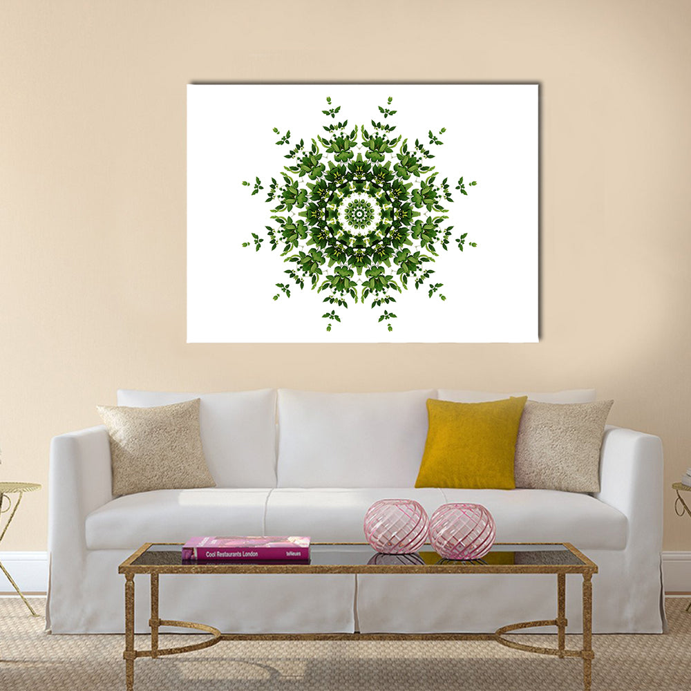 Green Mandala Pattern Canvas Wall Art in white and green, single panel hung on a wall