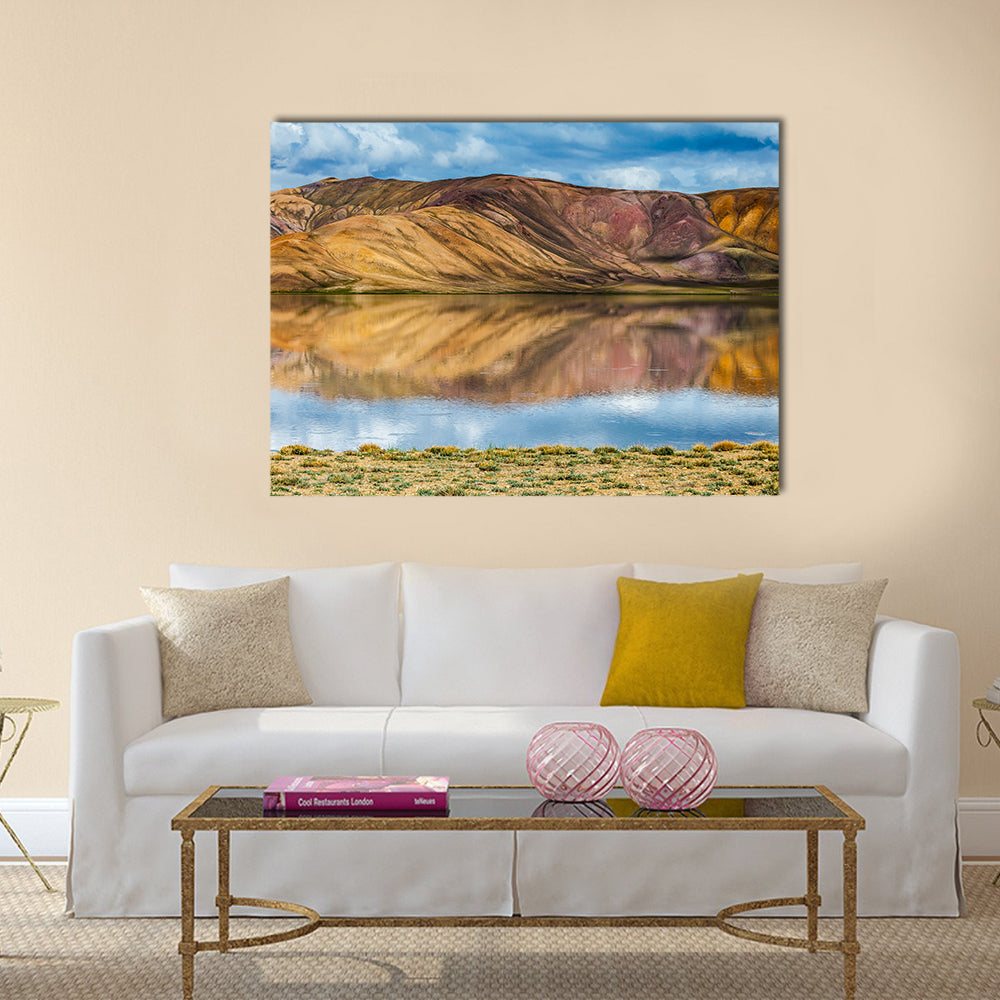 Bulunkul Lake In Pamir In Tajikistan Canvas Wall Art in brown, yellow and blue, single panel hung on a wall