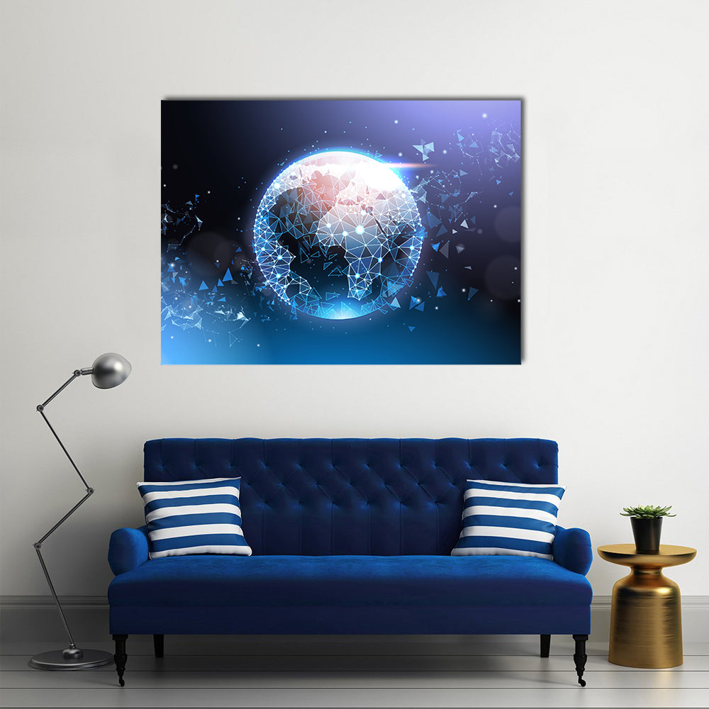Digital Wireframe Globe Network Canvas Wall Art in black, blue and purple, framed print, product view on a white background