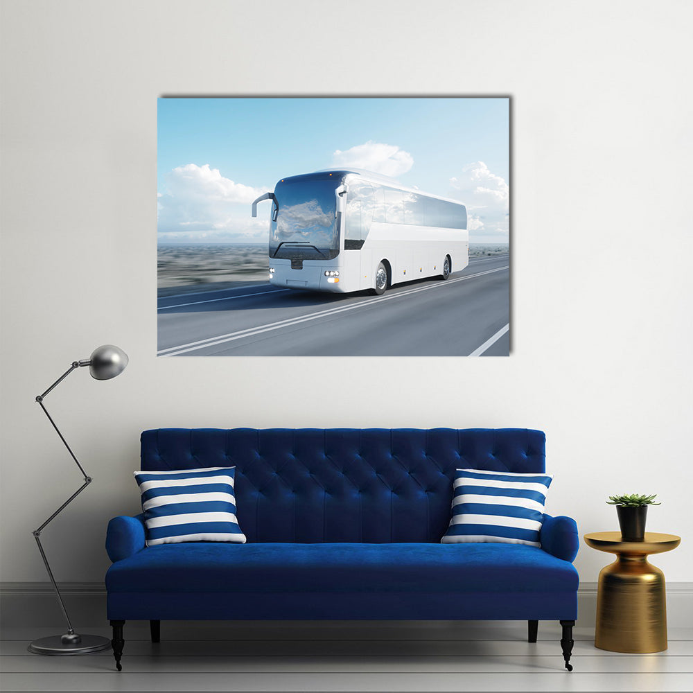 White Coach Bus on Highway Canvas Wall Art