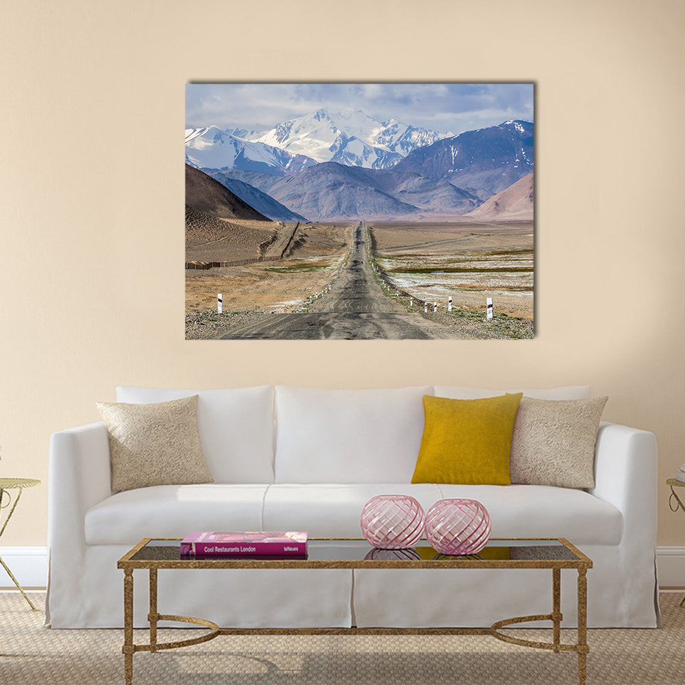 Pamir Highway In Tajikistan Canvas Wall Art in white, brown and blue, single panel hung on a wall