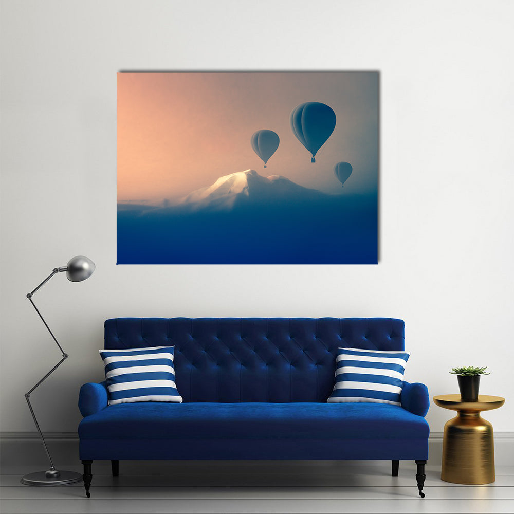 Silhouette Of Air balloon Flying In The Mountains Canvas Wall Art