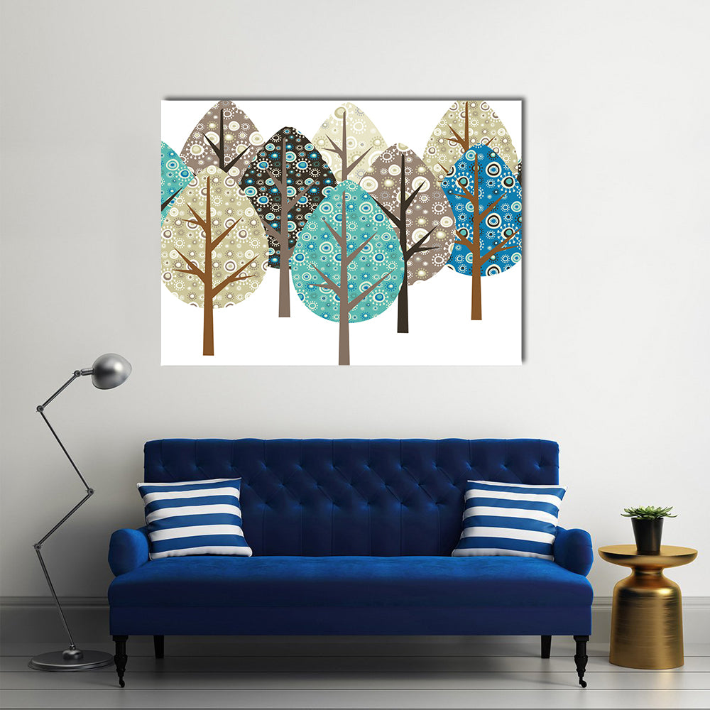 Autumn Mandala Trees Canvas Wall Art in white, beige and blue, single panel hung on a wall