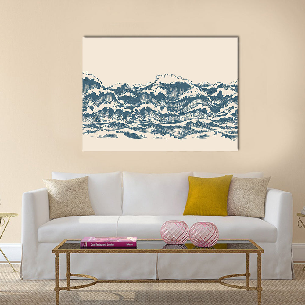 Ocean Waves Woodblock Sketch Canvas Wall Art