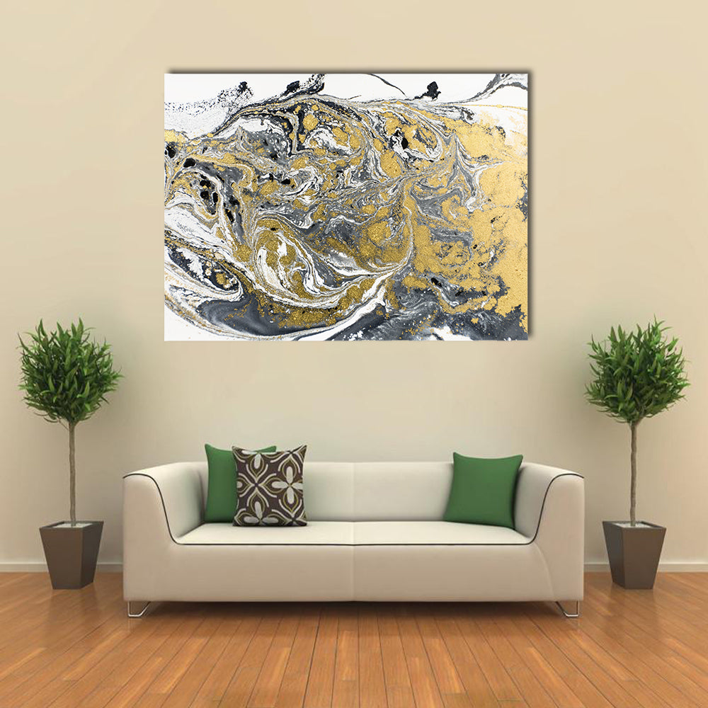 Marble Acrylic Abstract Canvas Wall Art in white, gray and gold, single panel hung on a wall