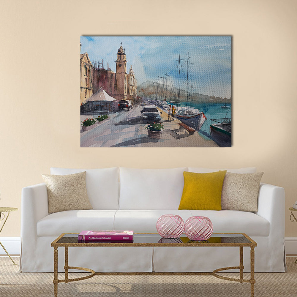 Harbor Town Sketch with Clock Tower Canvas Wall Art
