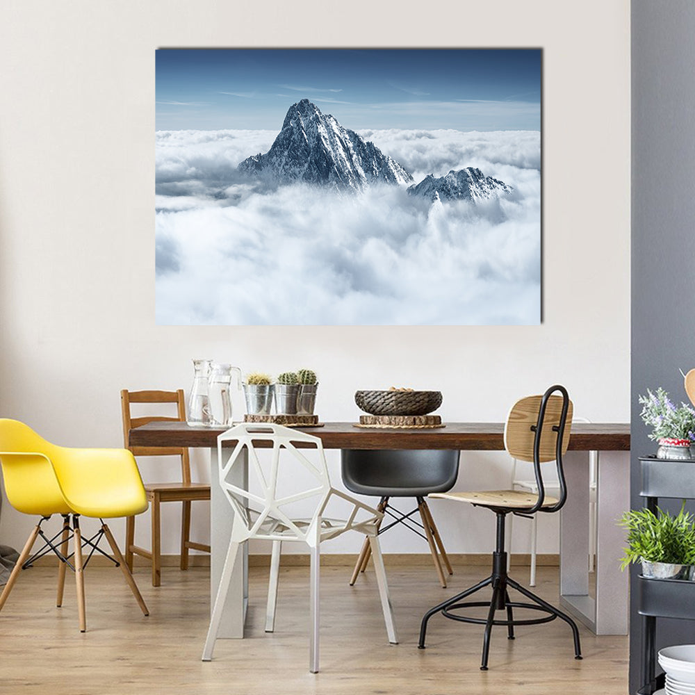 Alpine Mountain in the Clouds Canvas Wall Art in white, gray and blue, single panel hung on a wall