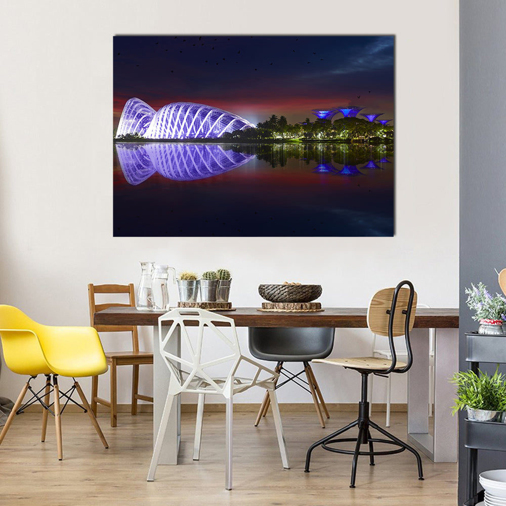 Singapore Gardens by the Bay Night Reflection Canvas Wall Art in black, blue and purple, single panel hung on a wall
