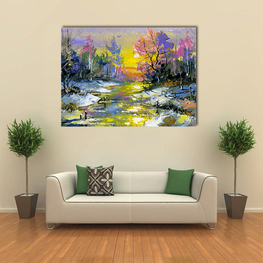 Winter Sunset River in Snowy Forest Canvas Wall Art in white, yellow and purple, single panel hung on a wall