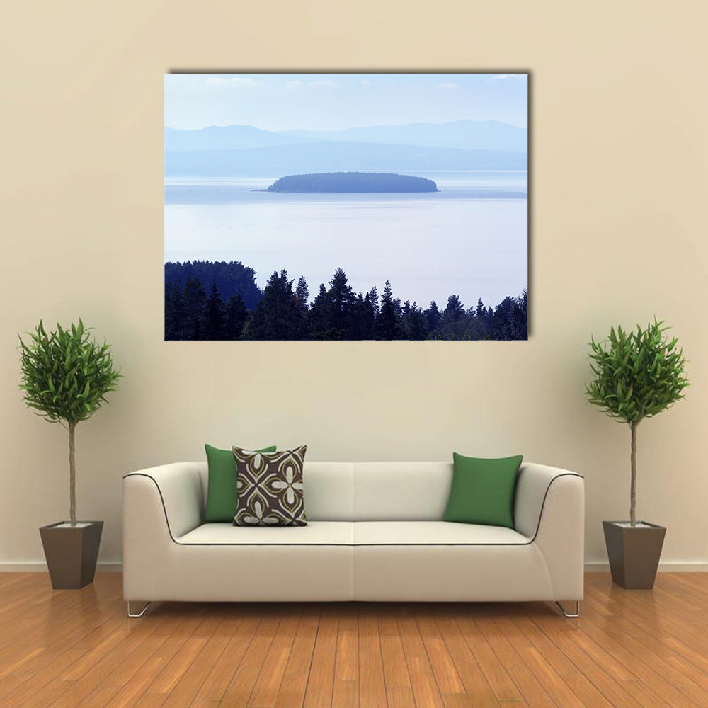 Early Morning Lake In Sweden Canvas Wall Art in white and blue, single panel hung on a wall