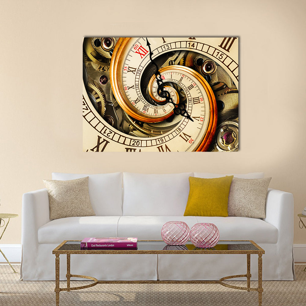 Spiral Clock Face with Gears Canvas Wall Art in beige and gold, single panel hung on a wall