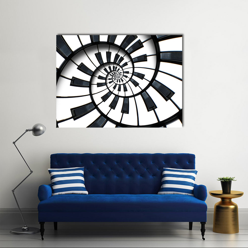 Spiral Piano Keyboard Canvas Wall Art in black and white, single panel hung on a wall