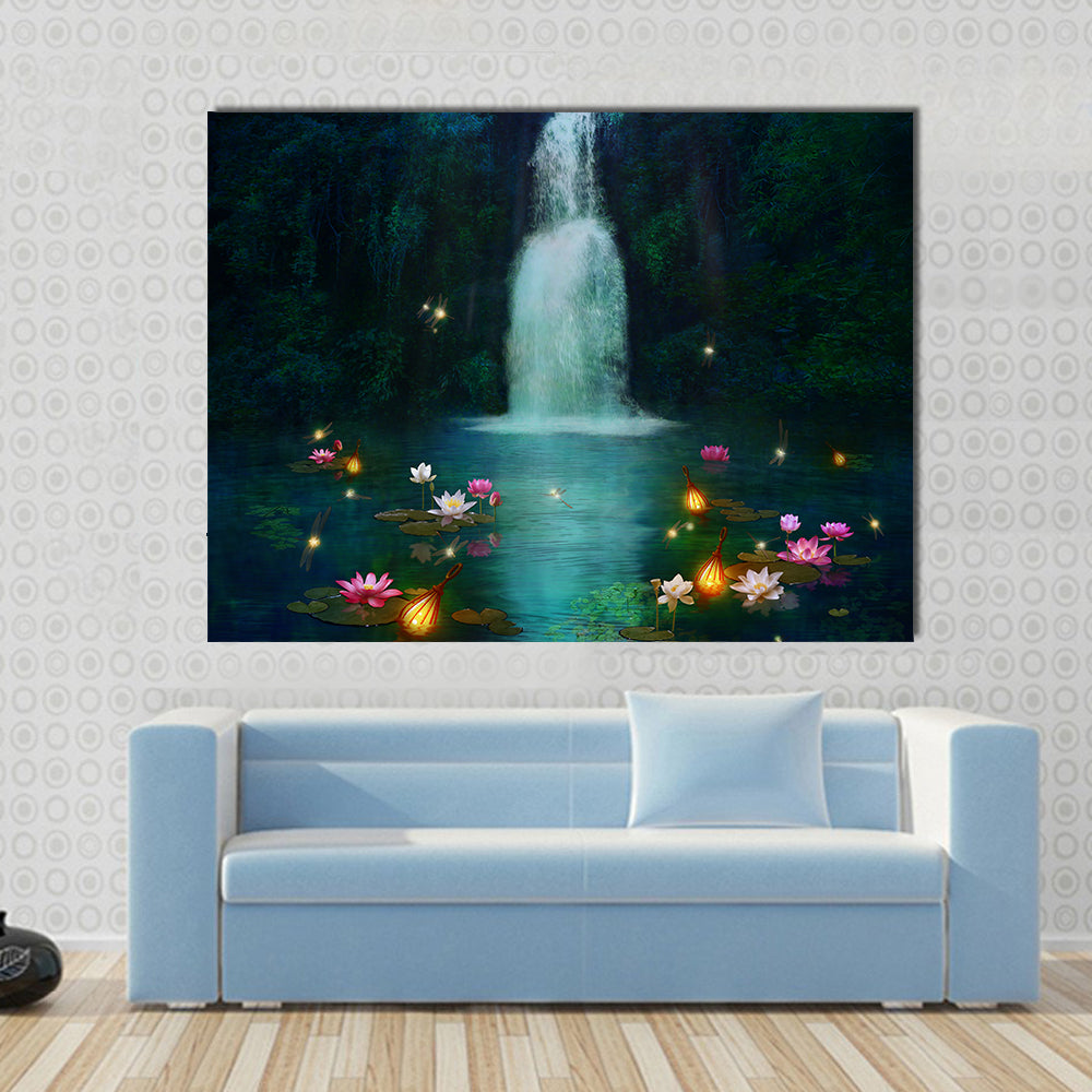 Waterfall with Lotus and Lanterns Canvas Wall Art in green and blue, single panel hung on a wall