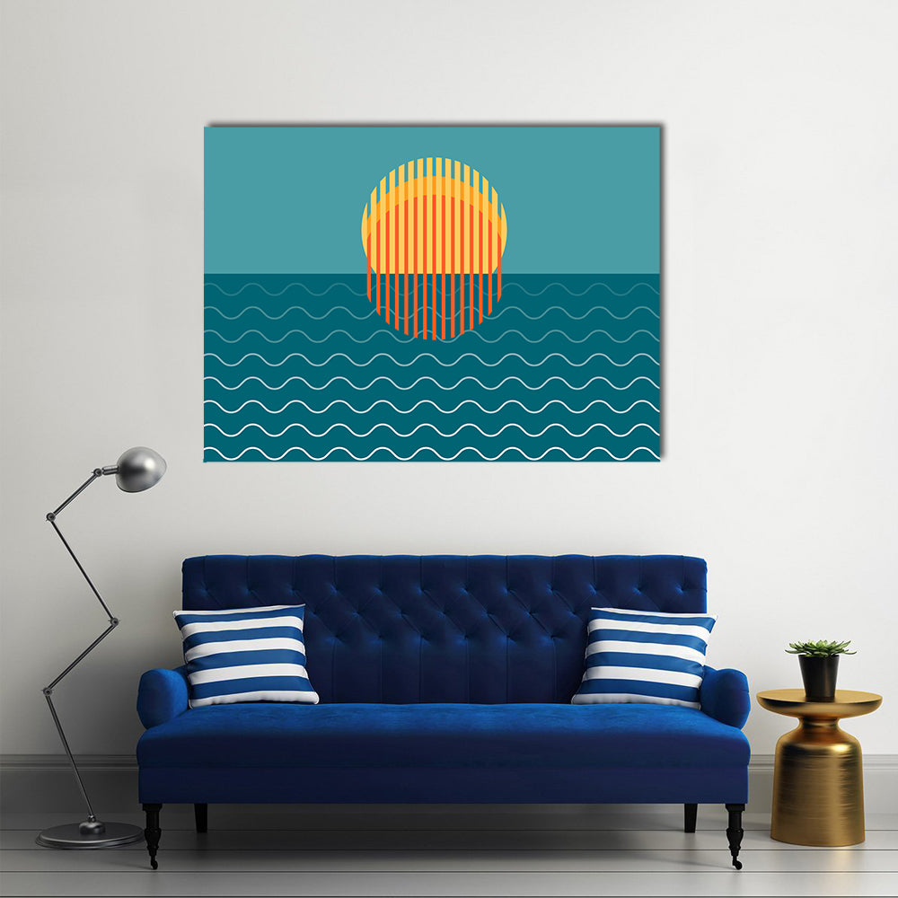Minimalist Sunset Over Ocean Canvas Wall Art in orange, yellow and blue, single panel hung on a wall