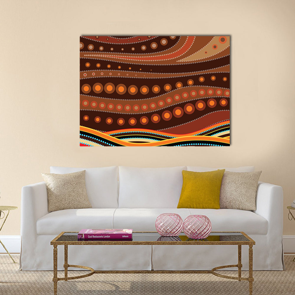 Indigenous-inspired Dot Landscape Canvas Wall Art in beige, brown and orange, single panel hung on a wall