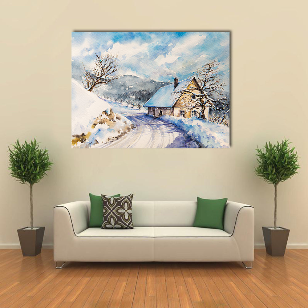 Heavy Snowfall in Winter Mountains Canvas Wall Art in white and blue, single panel hung on a wall