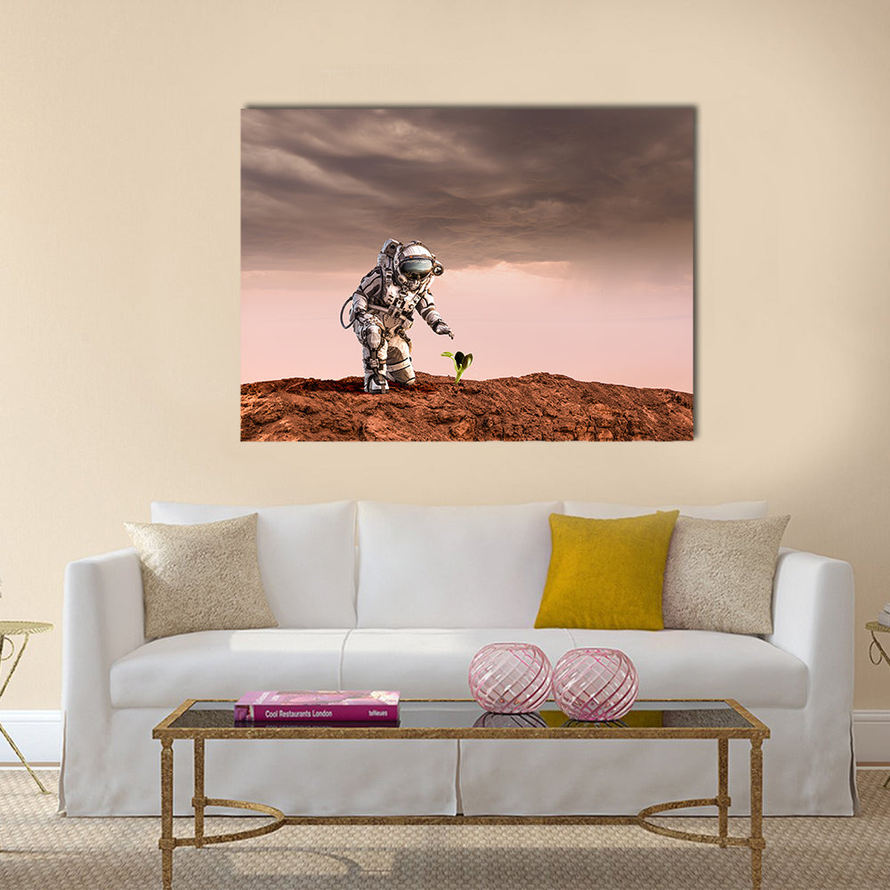 Astronaut on Rust-red Planet Canvas Wall Art in gray, brown and red, single panel hung on a wall
