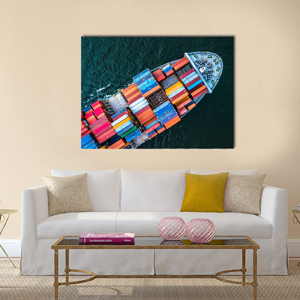 Birds-eye Cargo Ship with Containers Canvas Wall Art in blue and multicolor, single panel hung on a wall