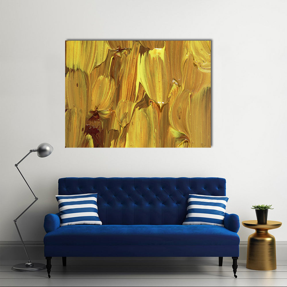 Gold Impasto Brushstrokes Abstract Canvas Wall Art in brown, gold and yellow, single panel hung on a wall