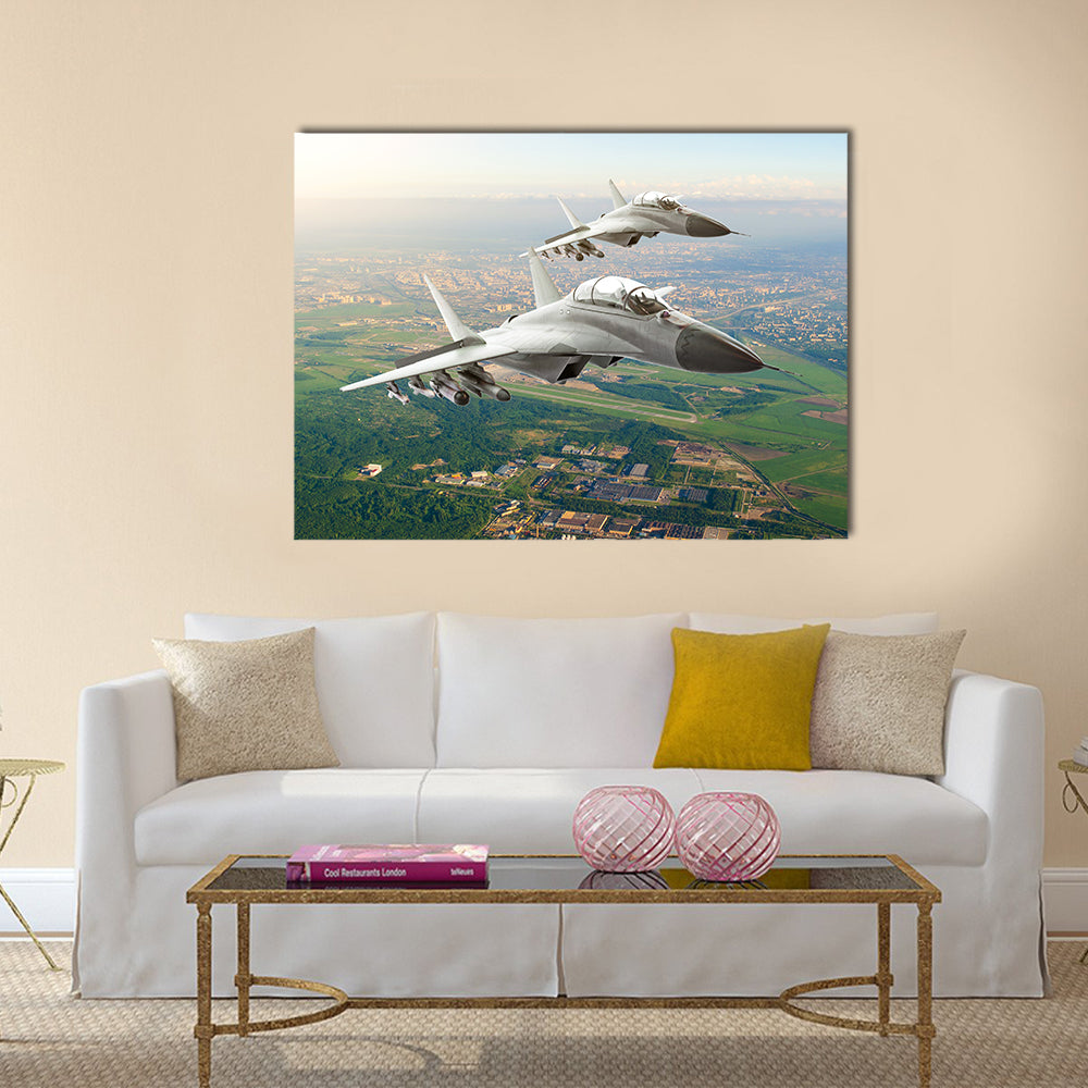 Twin Fighter Jets Over Airfield Canvas Wall Art