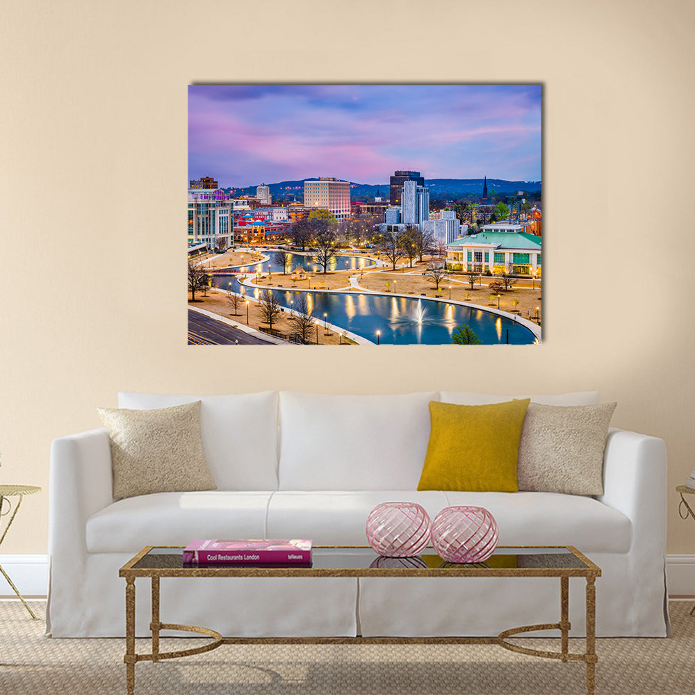 Huntsville Cityscape at Twilight Canvas Wall Art in yellow, blue and purple, single panel hung on a wall