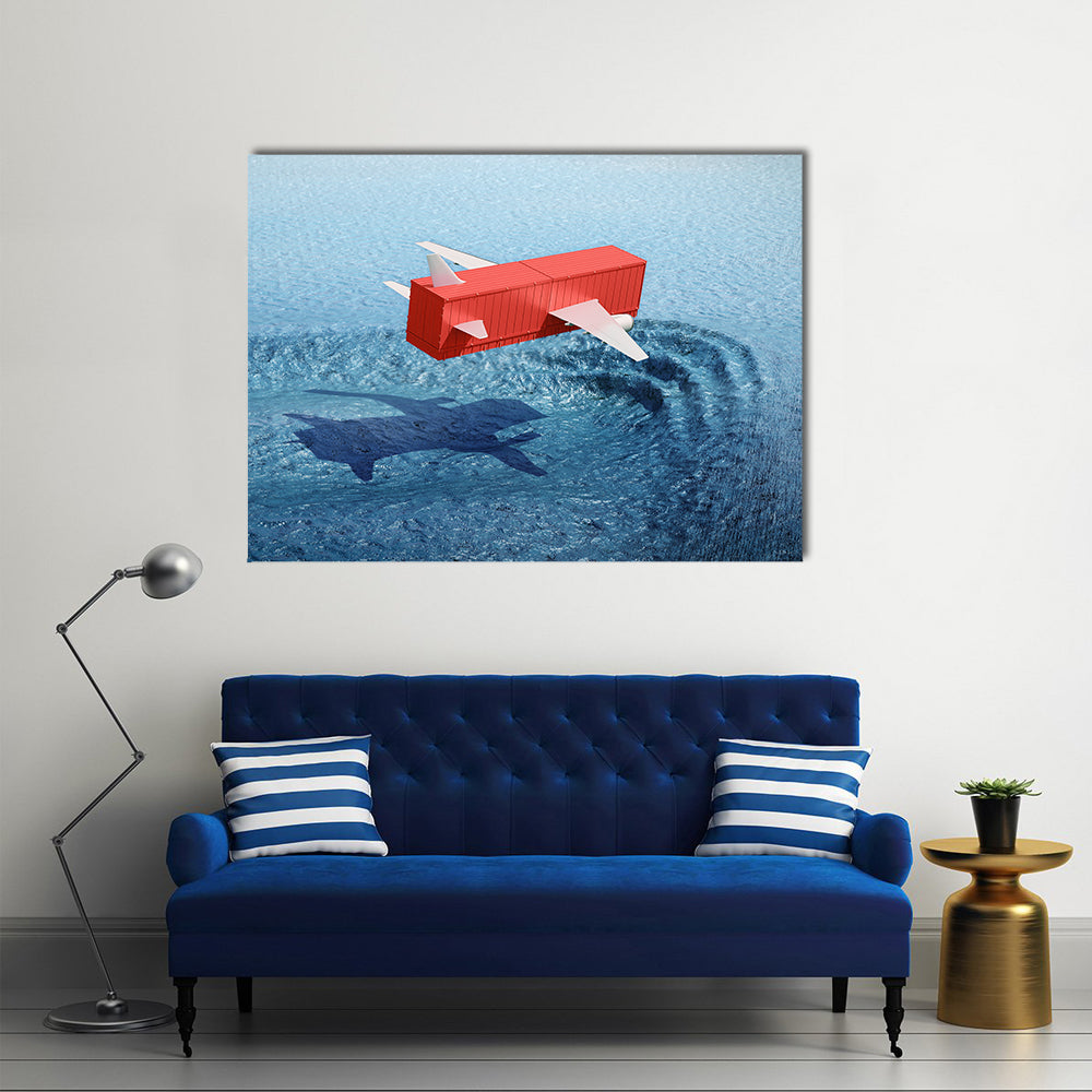 Shipping Container Airplane Over Whale Shadow Canvas Wall Art in white, red and blue, single panel hung on a wall
