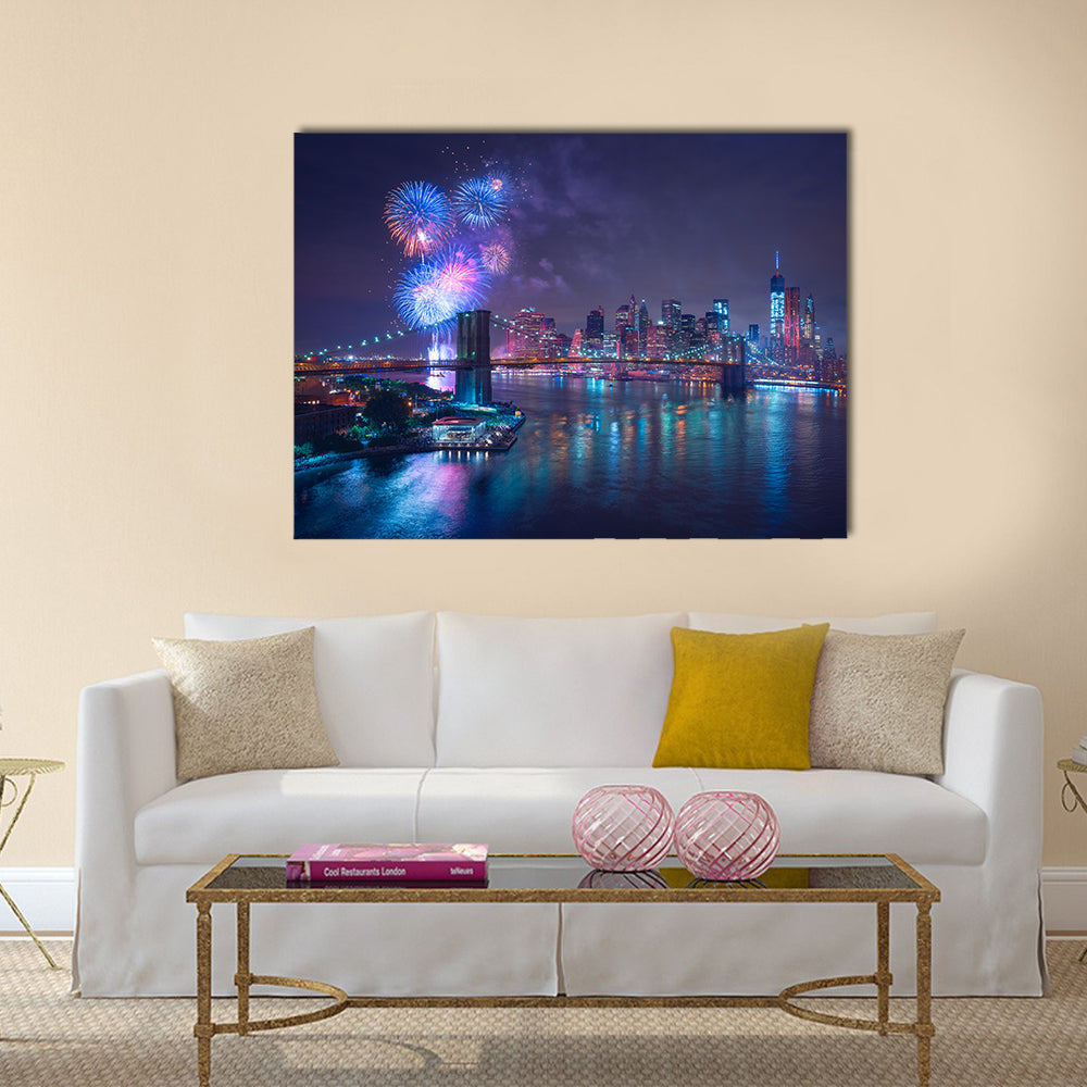 Fourth of July Fireworks Over New York Canvas Wall Art in blue, navy and purple, single panel hung on a wall