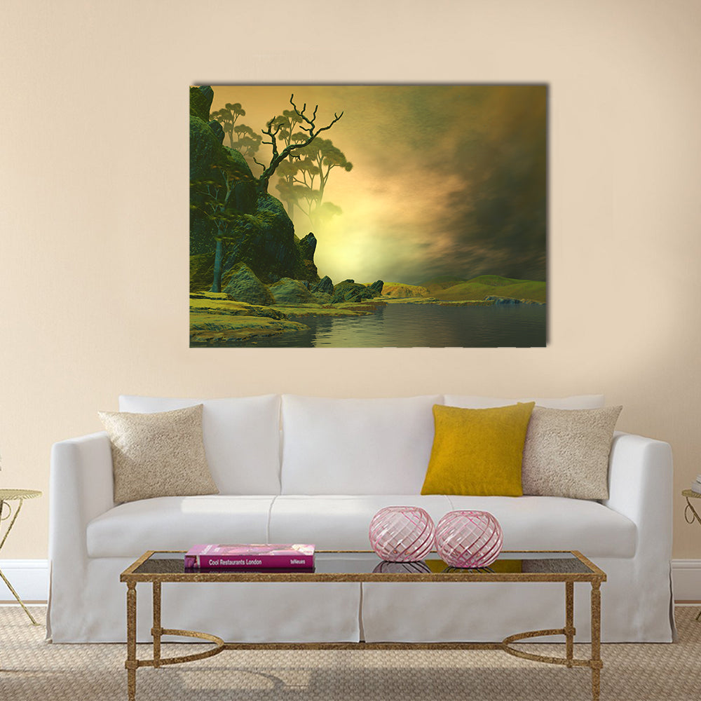 Misty Mountain Lake with Twisted Tree Canvas Wall Art