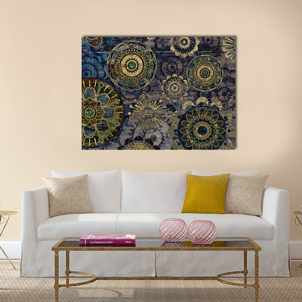 Vintage Floral Mandala Abstract in Navy and Gold Canvas Wall Art in gold, blue and navy, single panel hung on a wall
