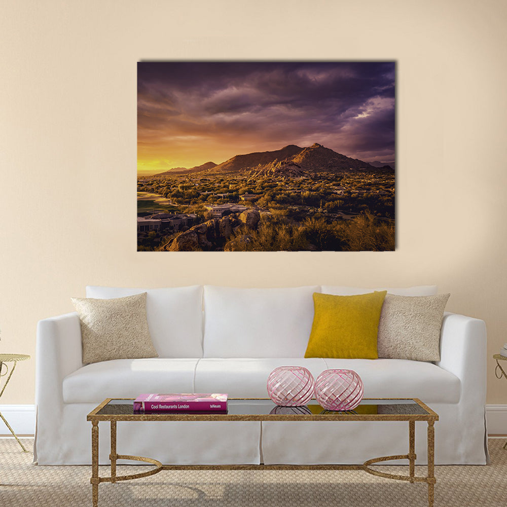 Scottsdale Desert Sunset Landscape Canvas Wall Art in orange, yellow and purple, single panel hung on a wall