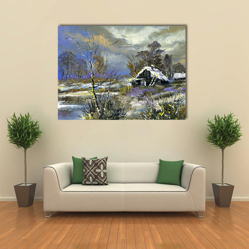 Rural House On Bank Of Lake In Winter Canvas Wall Art