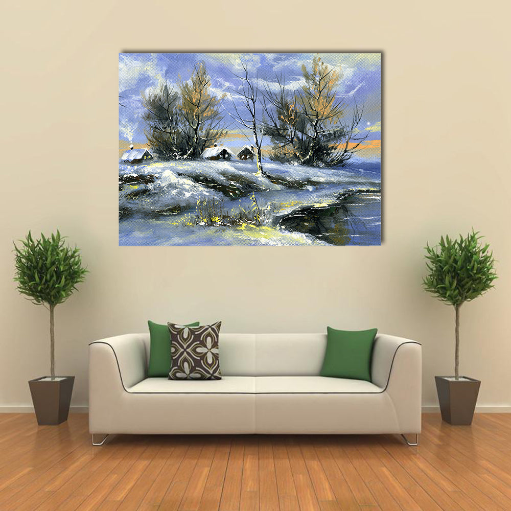 House On Bank Of Lake In Winter Canvas Wall Art