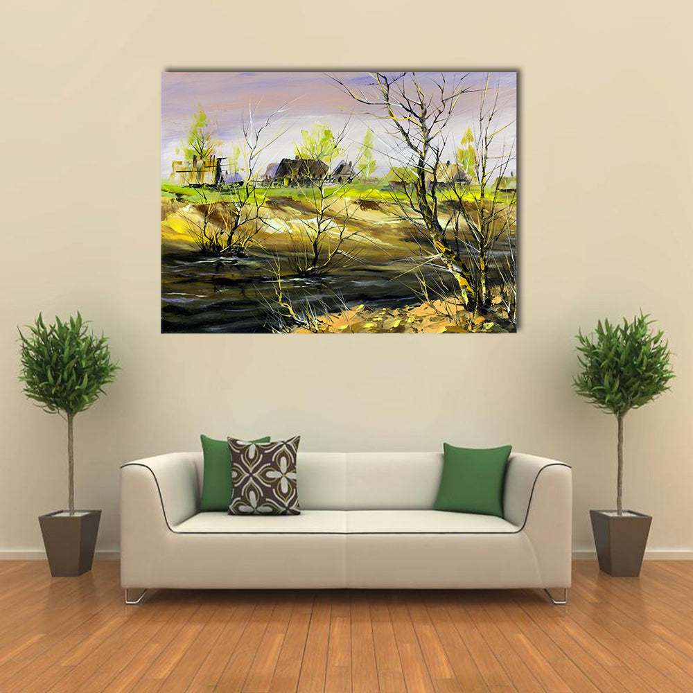 Thatched Cottage on Riverbank Canvas Wall Art in brown, yellow and green, single panel hung on a wall