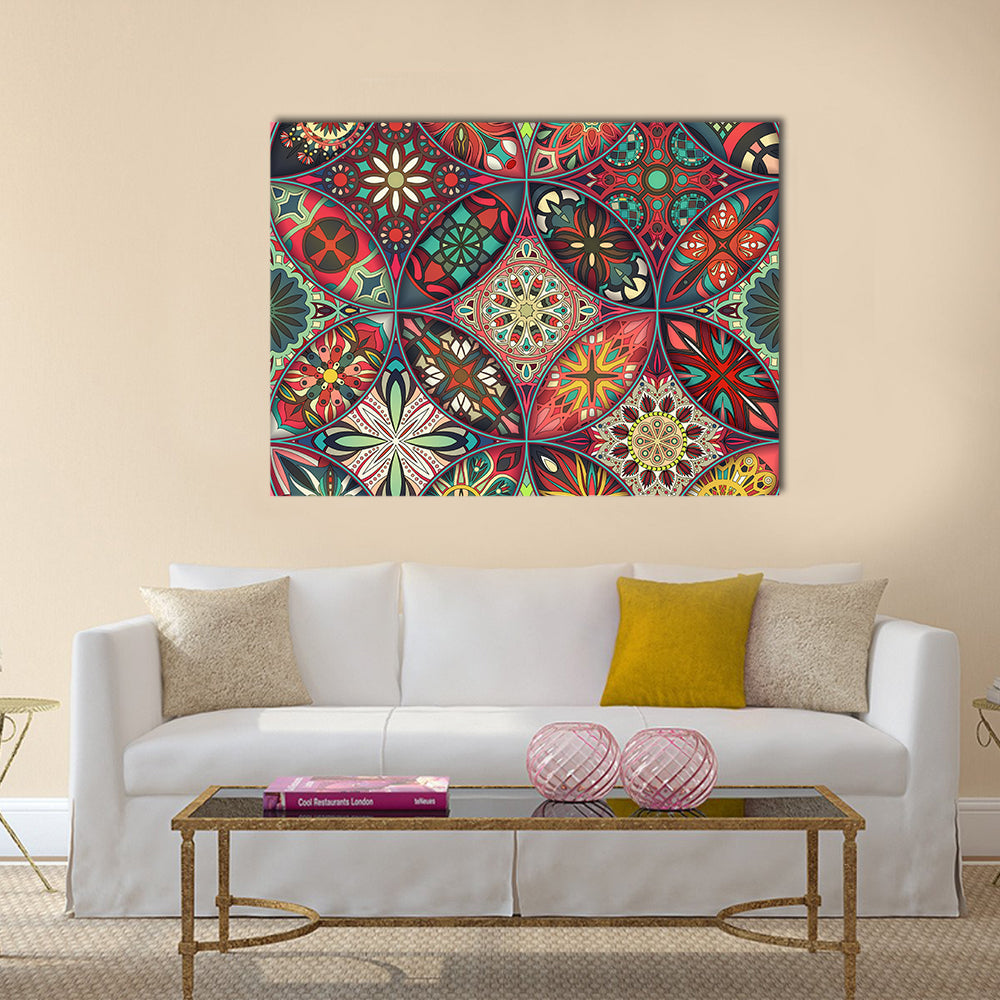 Vintage Mandala Elements Canvas Wall Art in red, blue and multicolor, single panel hung on a wall