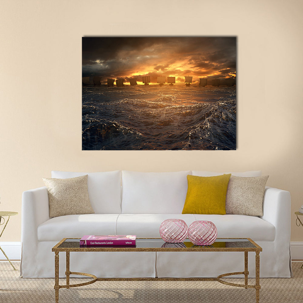 Viking Longships at Stormy Sunset Canvas Wall Art in black, orange and yellow, single panel hung on a wall