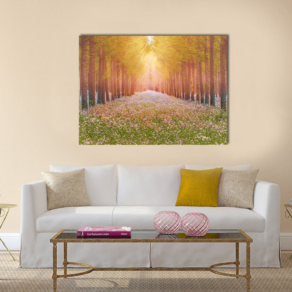 Sunlit Forest Path with Wildflowers Canvas Wall Art