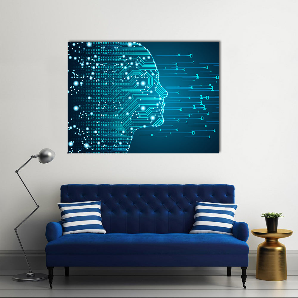 Ai Circuitry Silhouette Canvas Wall Art in black and blue, framed print, product view on a white background