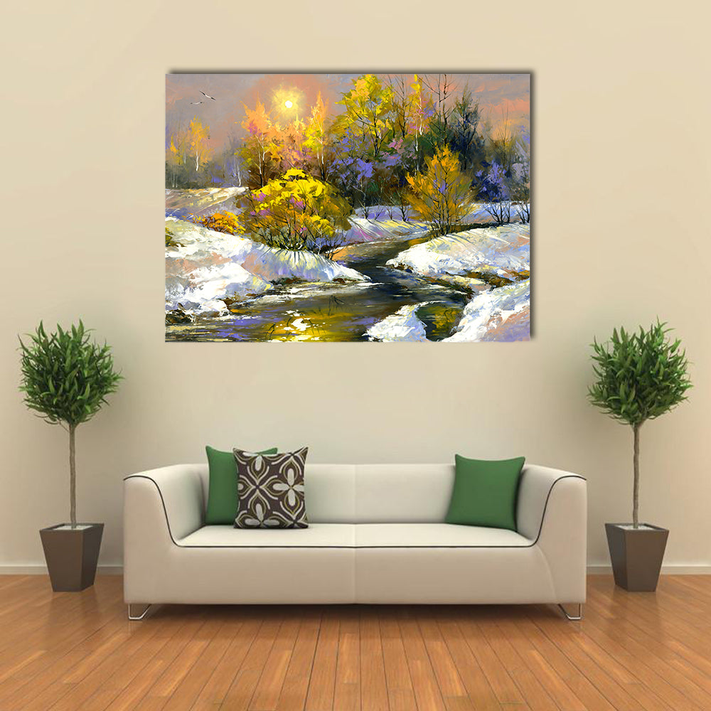 Winter River Through Snowy Forest Canvas Wall Art in white, gray and yellow, single panel hung on a wall