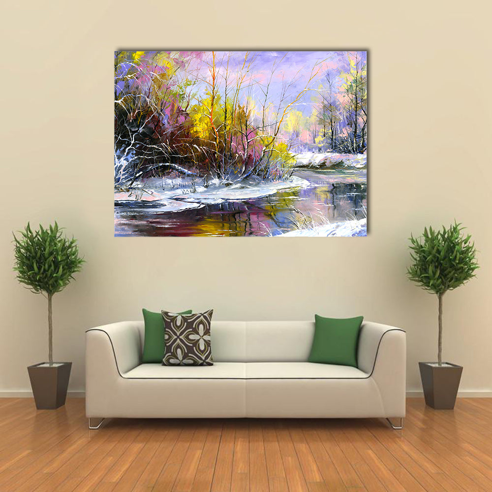 Winter River at Sunset Canvas Wall Art in white, yellow and purple, single panel hung on a wall