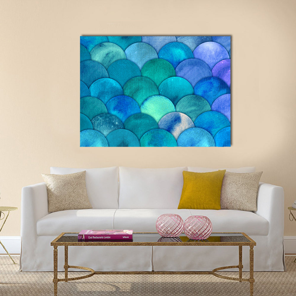 Mermaid Scales Watercolor Canvas Wall Art in green, blue and purple, single panel hung on a wall