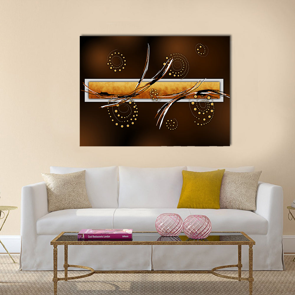 Ochre Rectangle with Gold Spiral Dots Canvas Wall Art in black, brown and gold, single panel hung on a wall