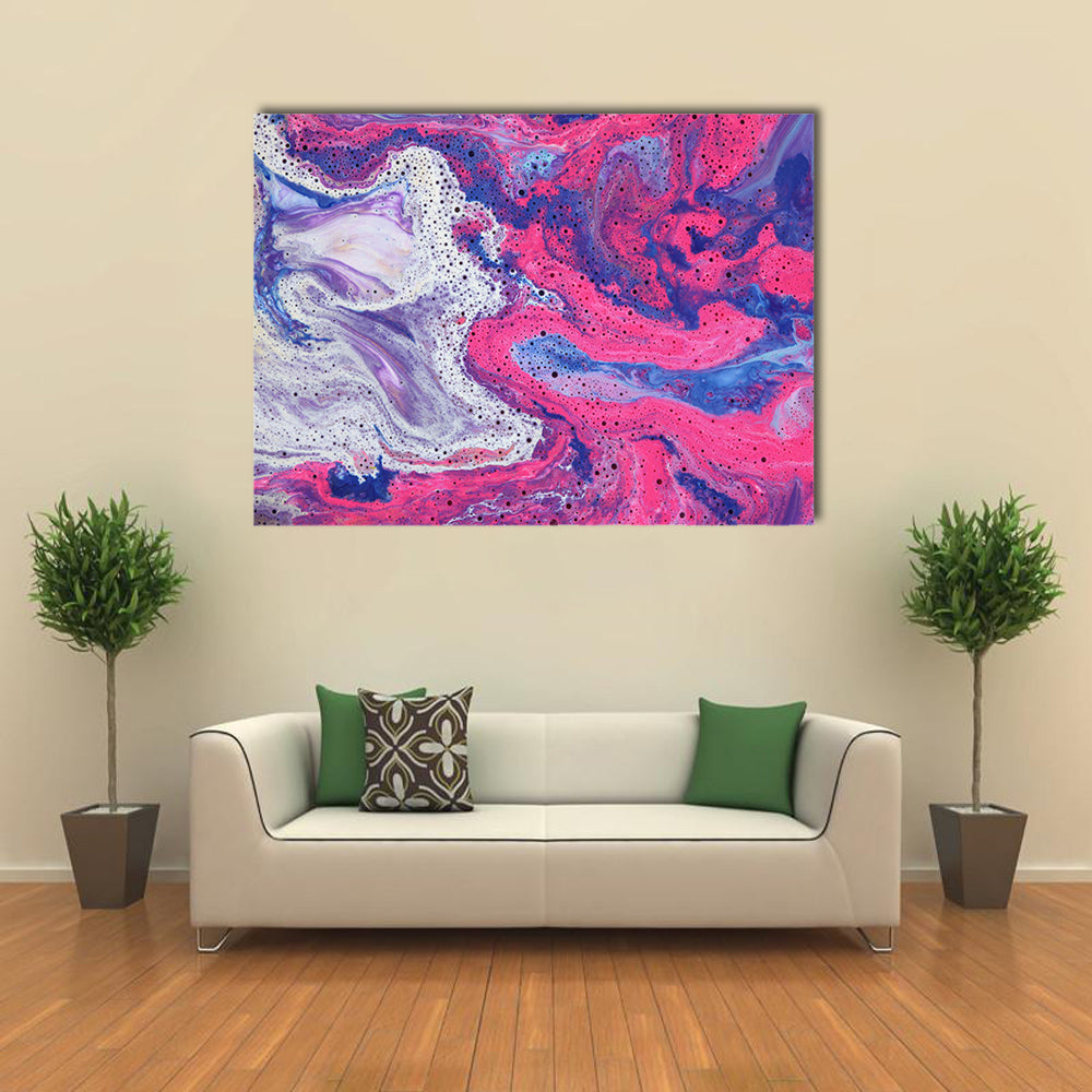 Acrylic Marble Texture Canvas Wall Art in blue, purple and pink, single panel hung on a wall