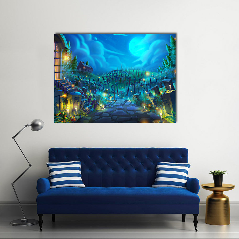Moonlit Graveyard with Iron Gate Canvas Wall Art in yellow, green and blue, single panel hung on a wall