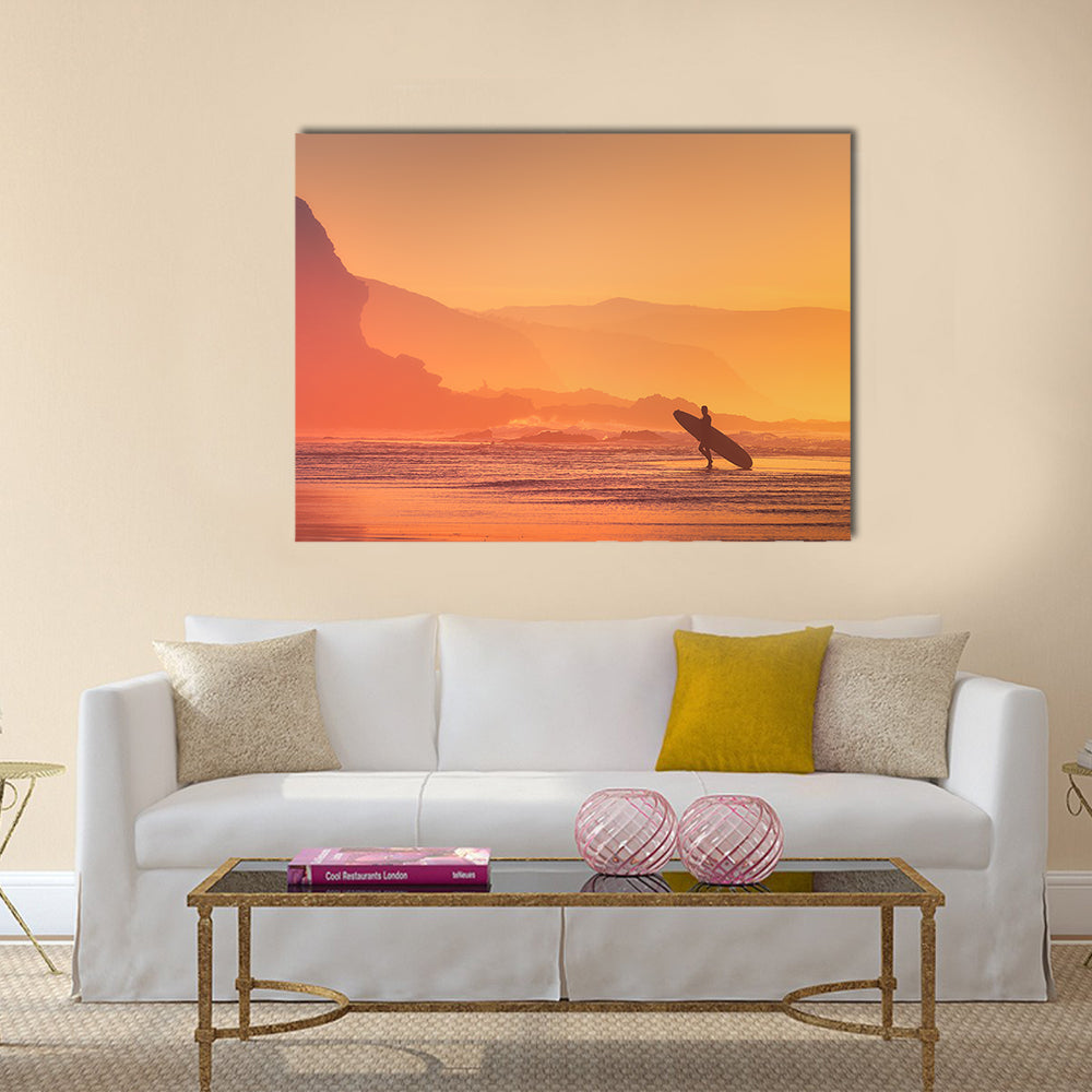 Surfer Silhouette At The Sunset Canvas Wall Art