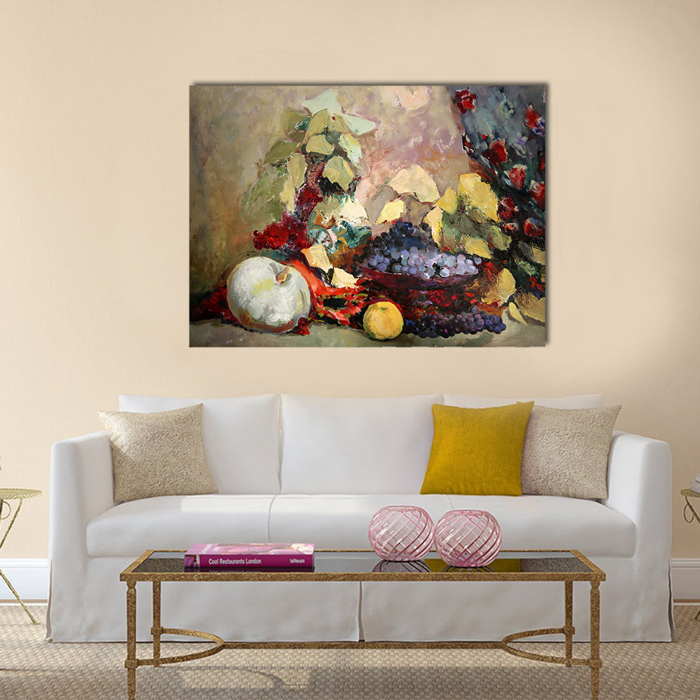 Grapes, Lemon, and Pumpkin Still Life Canvas Wall Art in brown, yellow and purple, single panel hung on a wall