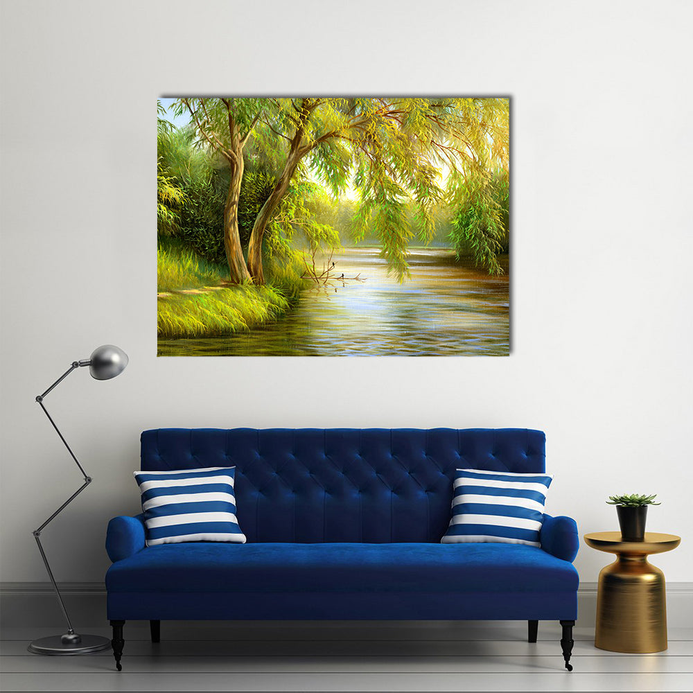 Summer Riverbank with Weeping Willow Canvas Wall Art in brown, yellow and green, single panel hung on a wall