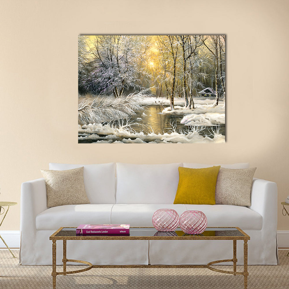 Winter Wooden Forest Lake Canvas Wall Art