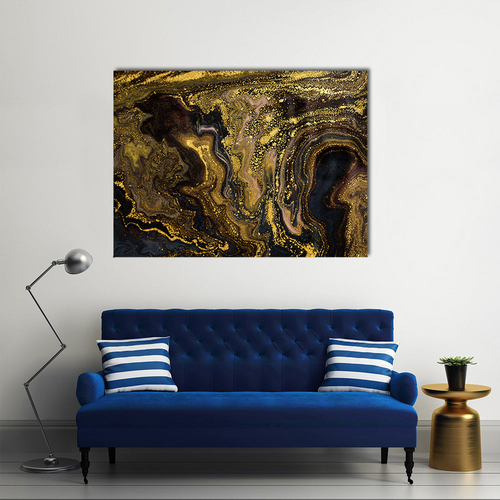 Marble Ripple Pattern Canvas Wall Art in black, brown and gold, single panel hung on a wall