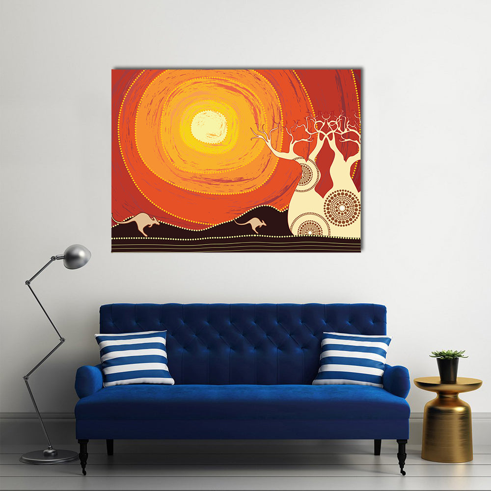 Baobab Trees and Kangaroos at Sunset Canvas Wall Art in red, orange and yellow, single panel hung on a wall